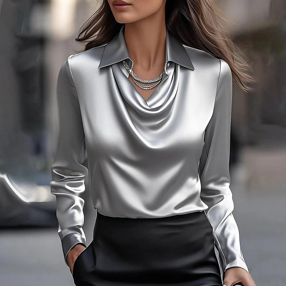 Women's Autumn Long-Sleeve Shirt with Irregular Cowl Neck, Solid Color, Polyester - Gray