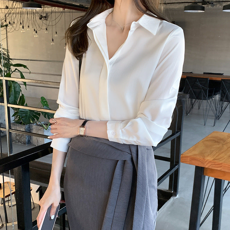 Blusa de oficina de manga larga con cuello en V para mujer