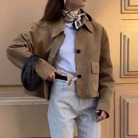 Women’s Suede-Effect Cropped Jacket with Front Pockets