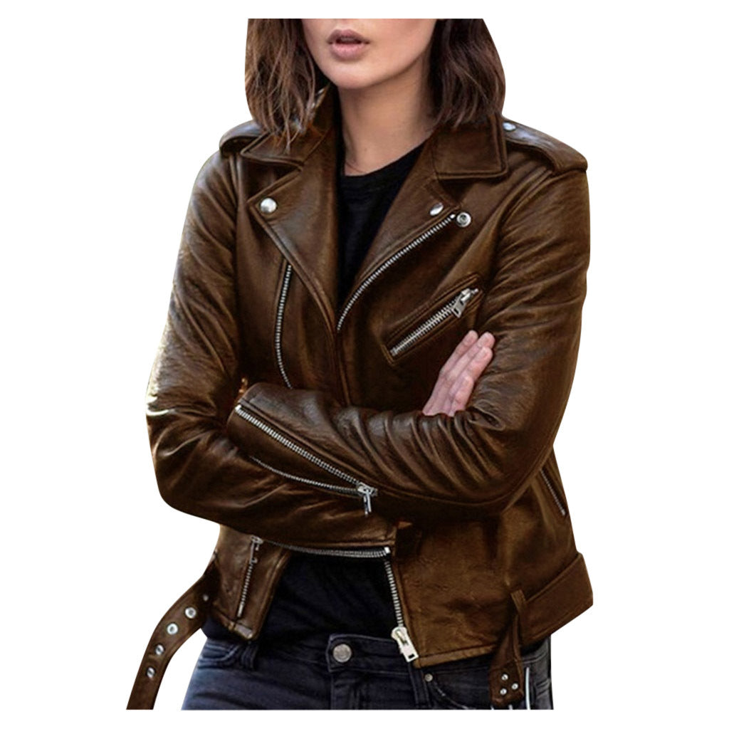 Women's Leather Biker Jacket with Lapels