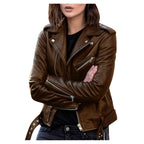 Women's Leather Biker Jacket with Lapels
