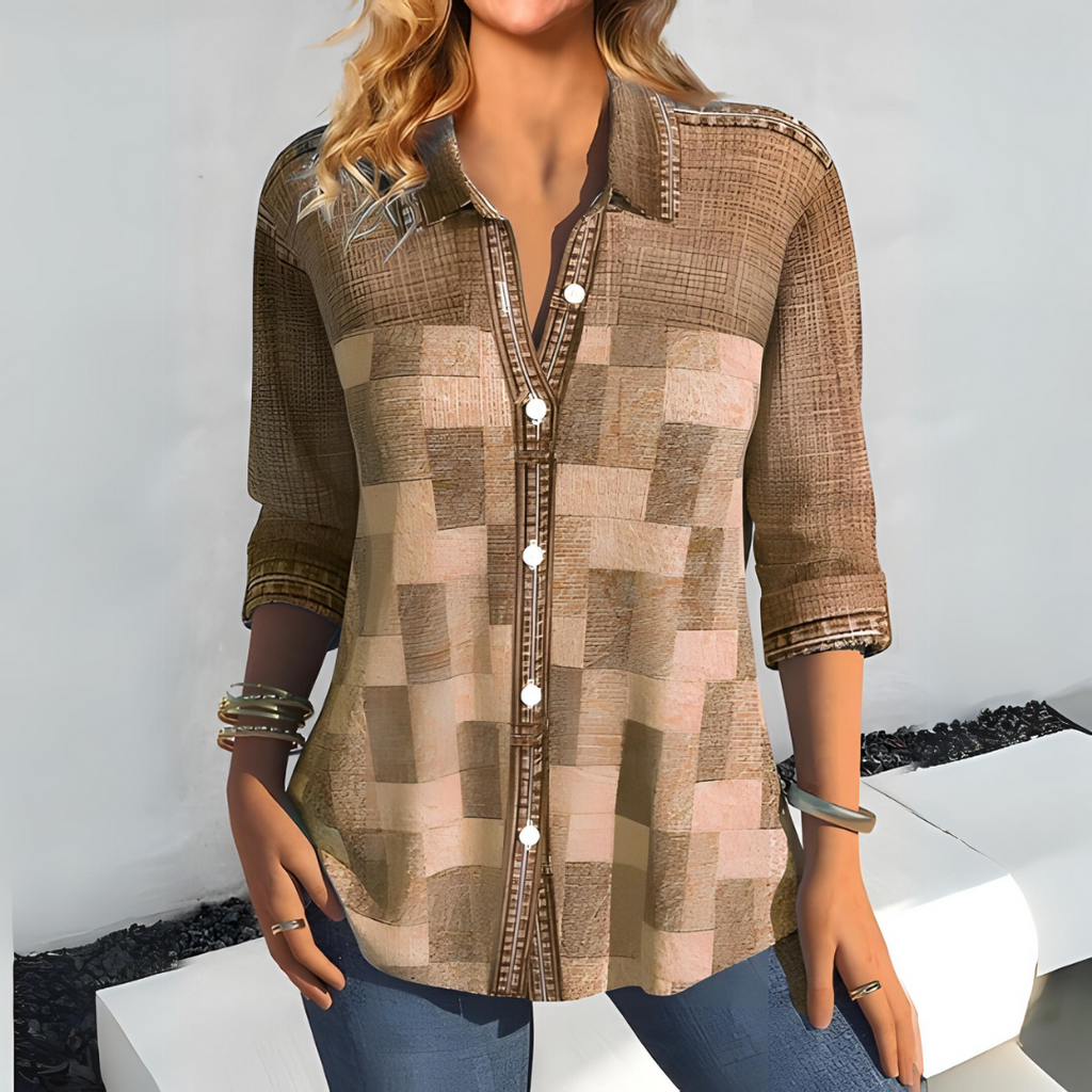 Paige - Casual Plaid Autumn Blouse - Khaki