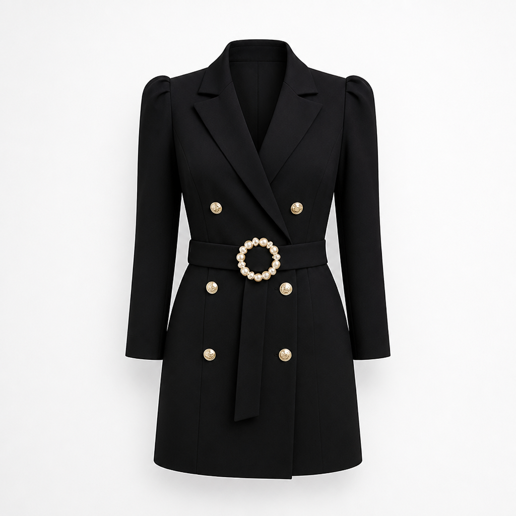 Women's Navy Dress with Double-Breasted Fastening Midi Dress - Curvay