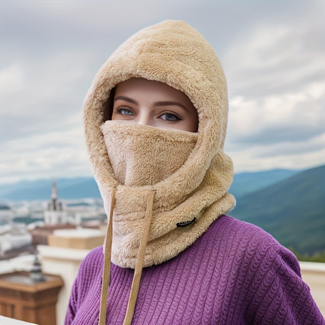 Winter Fleece-Lined Hooded Scarf for Women, Windproof and Ear Protection