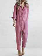 Women's Long-Sleeve Cotton Jumpsuit with Button Placket and Pockets - Perfect for Autumn - Pink