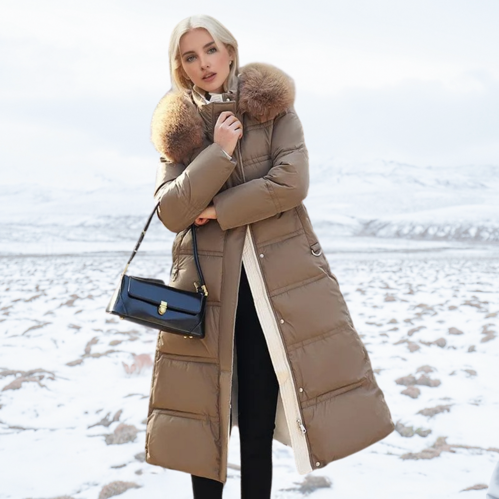 Fatiha - Elegant Long Women's Winter Fur-Trim Coat for the Winter Months - Brown