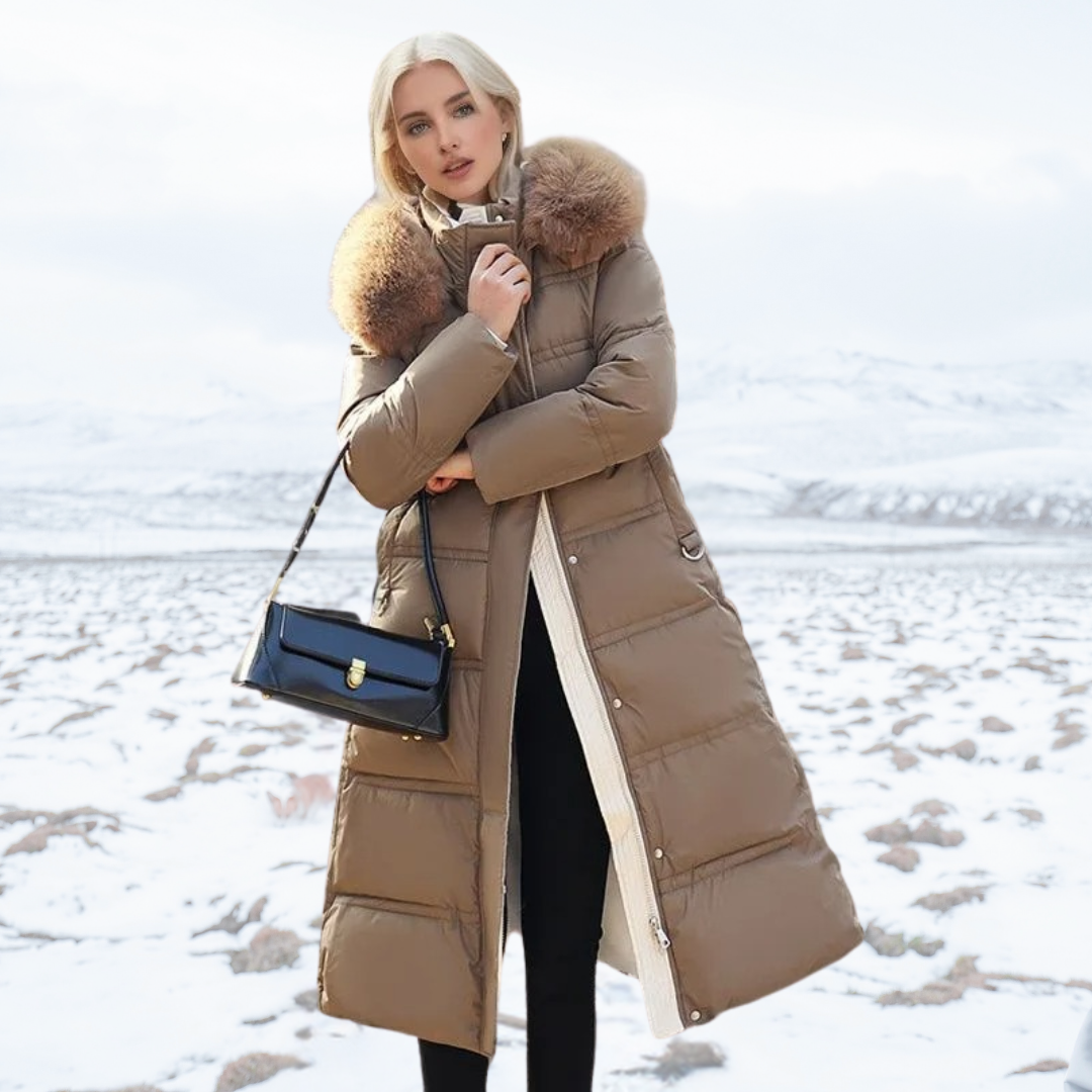 Fatiha - Elegant Long Women's Winter Fur-Trim Coat for the Winter Months - Brown
