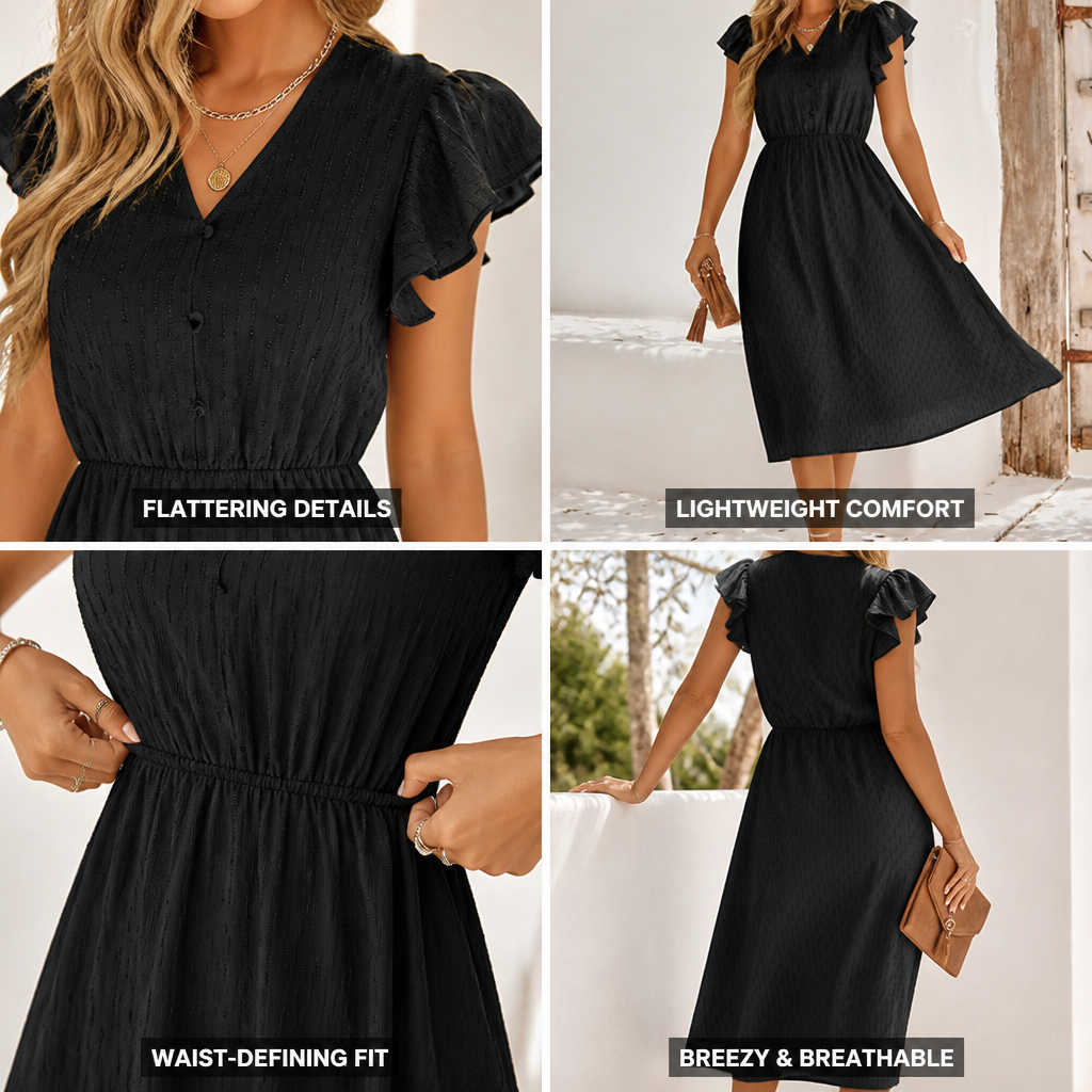 Elegantes Damen Midi-Kleid mit Rüschenärmeln, V-Ausschnitt | Legerer Chic