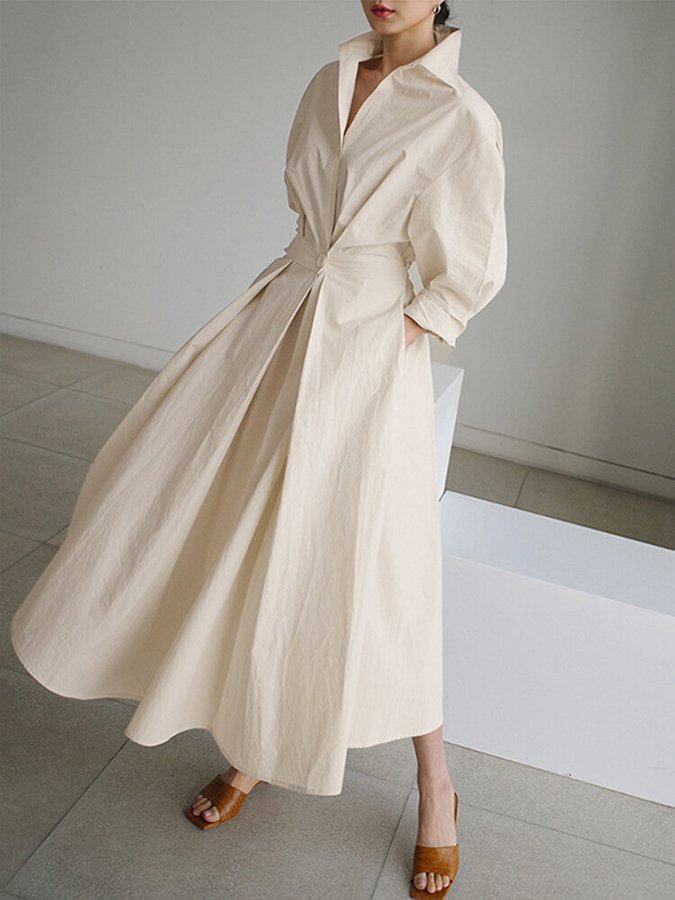 Women's Elegant Collared Belted Shirt Dress