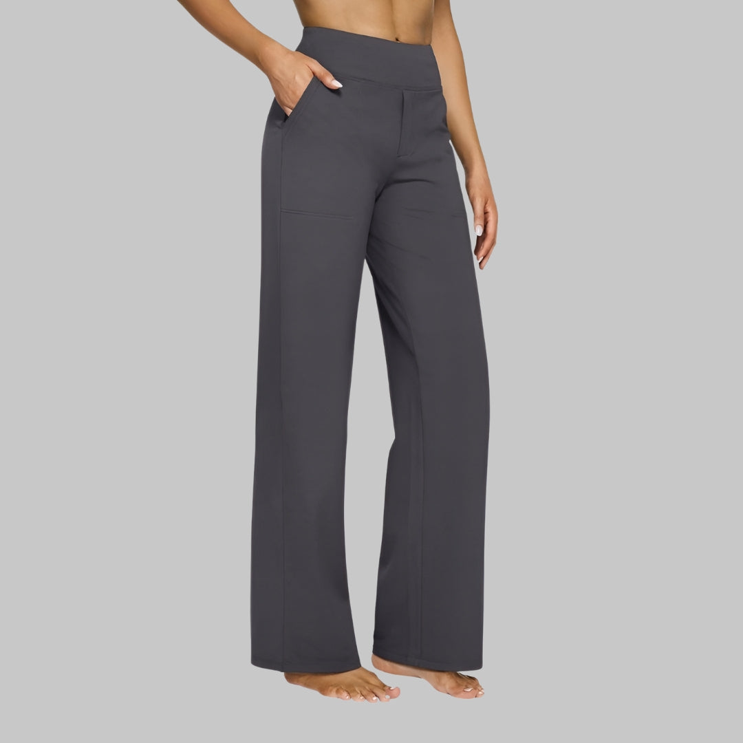Women's Stretch Pants with High Waist and Side Pockets - Gray