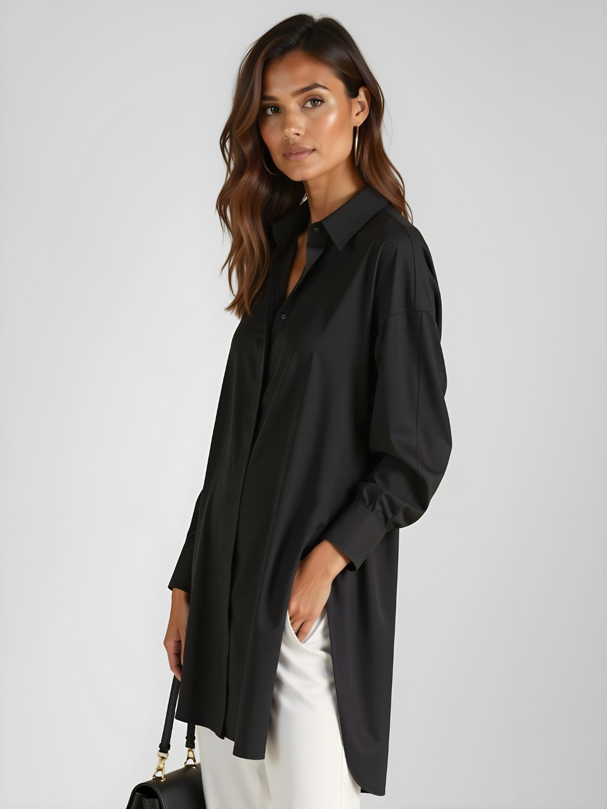 Women's Oversized Shirt Dress with Lapel Collar, Button Placket and Side Slit - Black