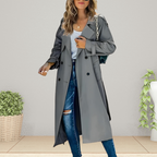 Women's Spring Trench Coat, Double-Breasted, Mid-Length - Gray