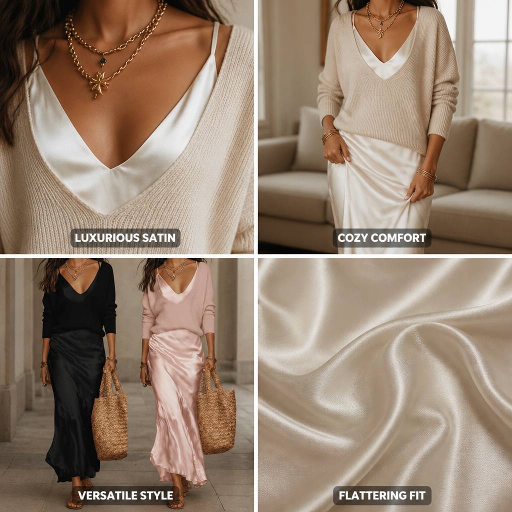 Satin-Midikleid mit kuscheliger Pullover-Kombination | Elegantes Outfit