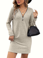 Solid Color Ribbed Dress Long Sleeve Bodycon Sweater Dress