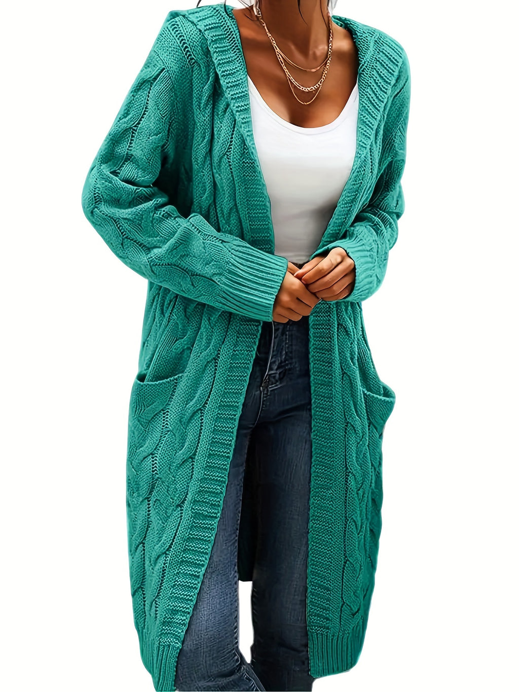 Plus Size, Women's Mid Length Hooded Cardigan with Button-Detail Pockets