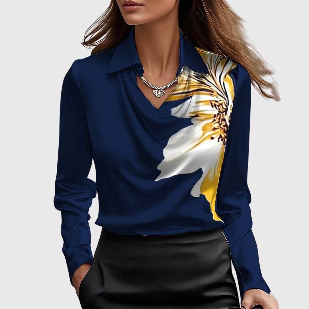 Women's Blouse with Pleated Neckline and Chest Pocket - Navy