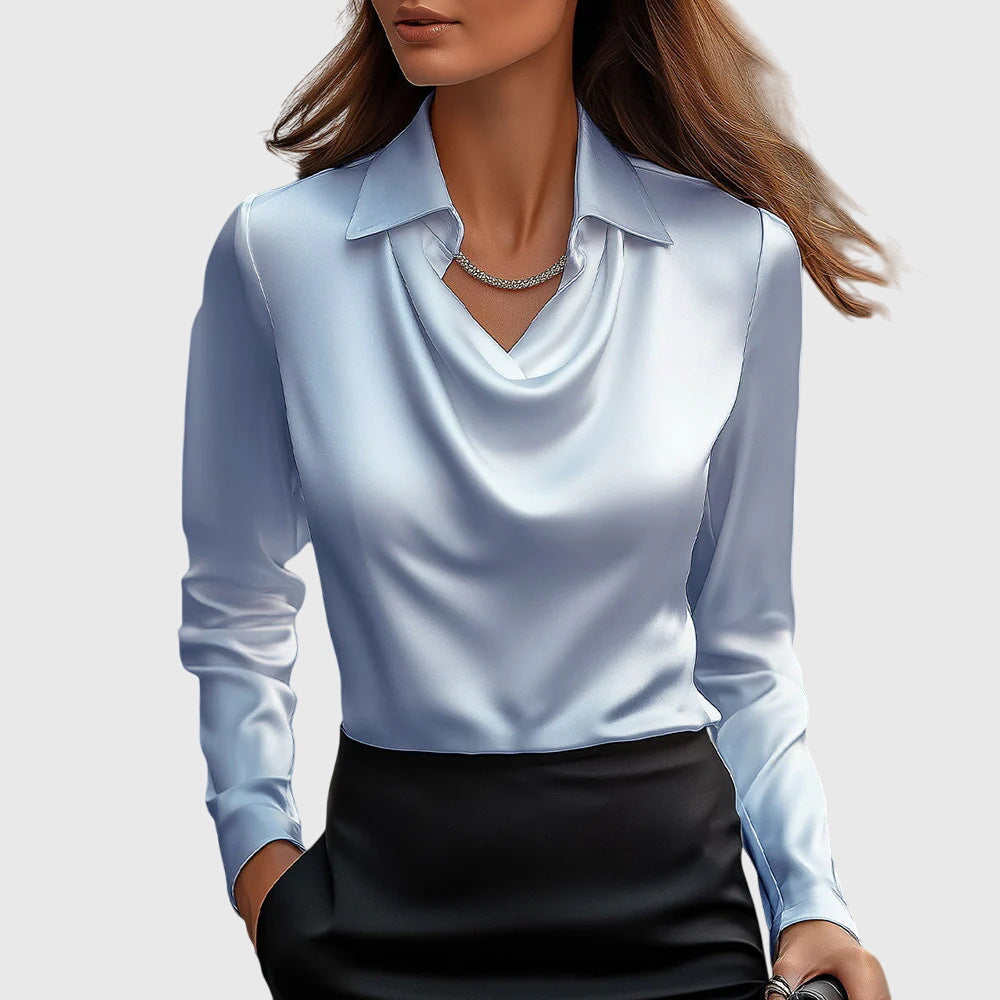 Women's Blouse with Pleated Neckline and Chest Pocket - Light Blue