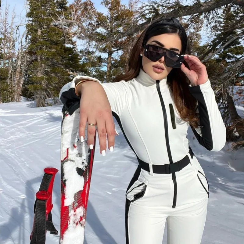 Women's Winter Ski Suit with Zipper and High-Waist Pants - White