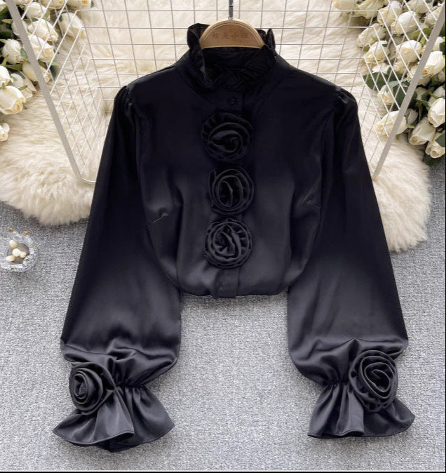 Lightweight Autumn Long-Sleeve Shirt with Floral Print - Black