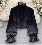 Lightweight Autumn Long-Sleeve Shirt with Floral Print - Black