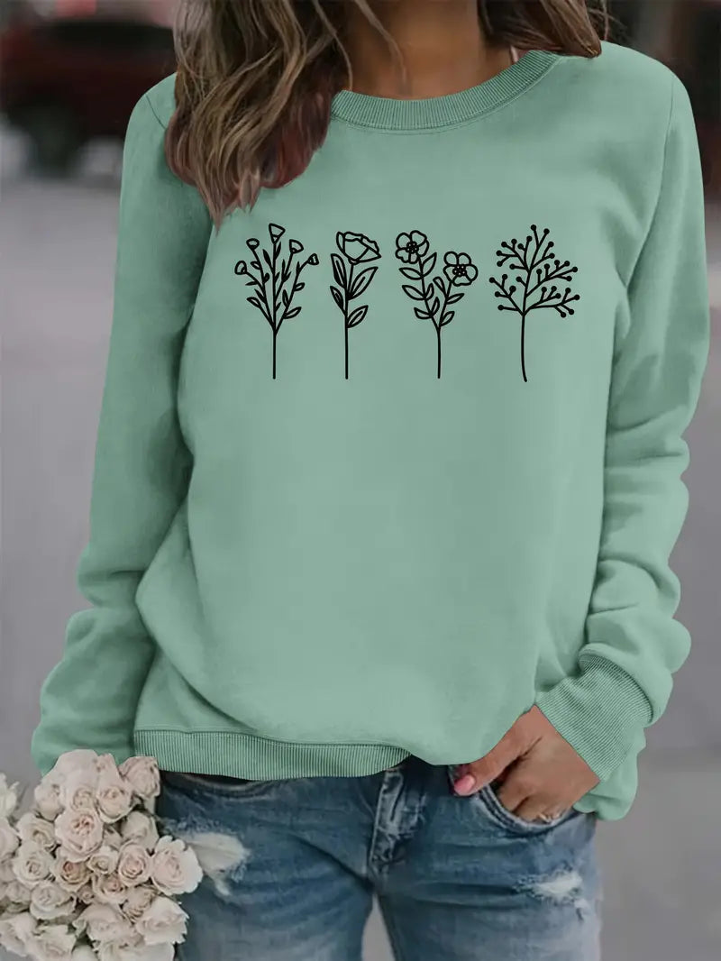 Women's Sweatshirt with Autumn Floral Pattern - Perfect for Autumn/Winter - Light Green