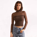 Women’s Fitted Mesh Long-Sleeve Top with High Neck