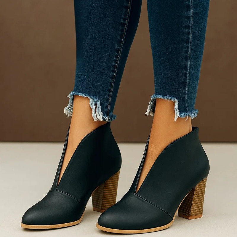 Women's Ankle Boots with V-Cut Silhouette, Block Heel and Slip-On Design - Onyx Black