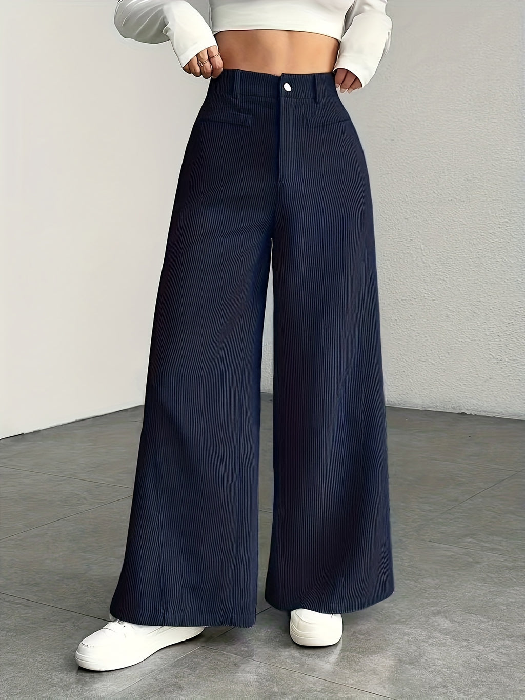 Damen High Waist Cordhose mit weitem Bein, Freizeithose, waschbare Hose