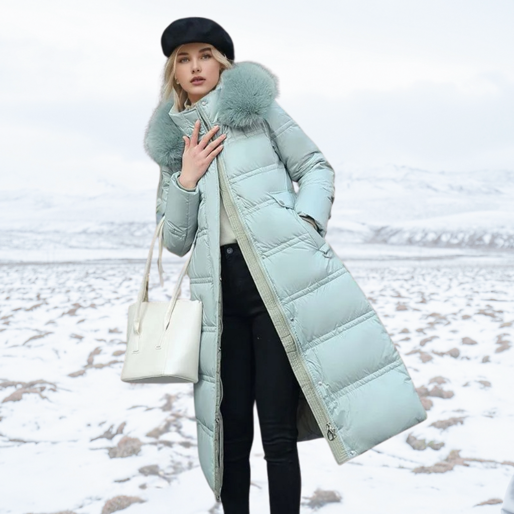 Fatiha - Elegant Long Women's Winter Fur-Trim Coat for the Winter Months - Light Blue