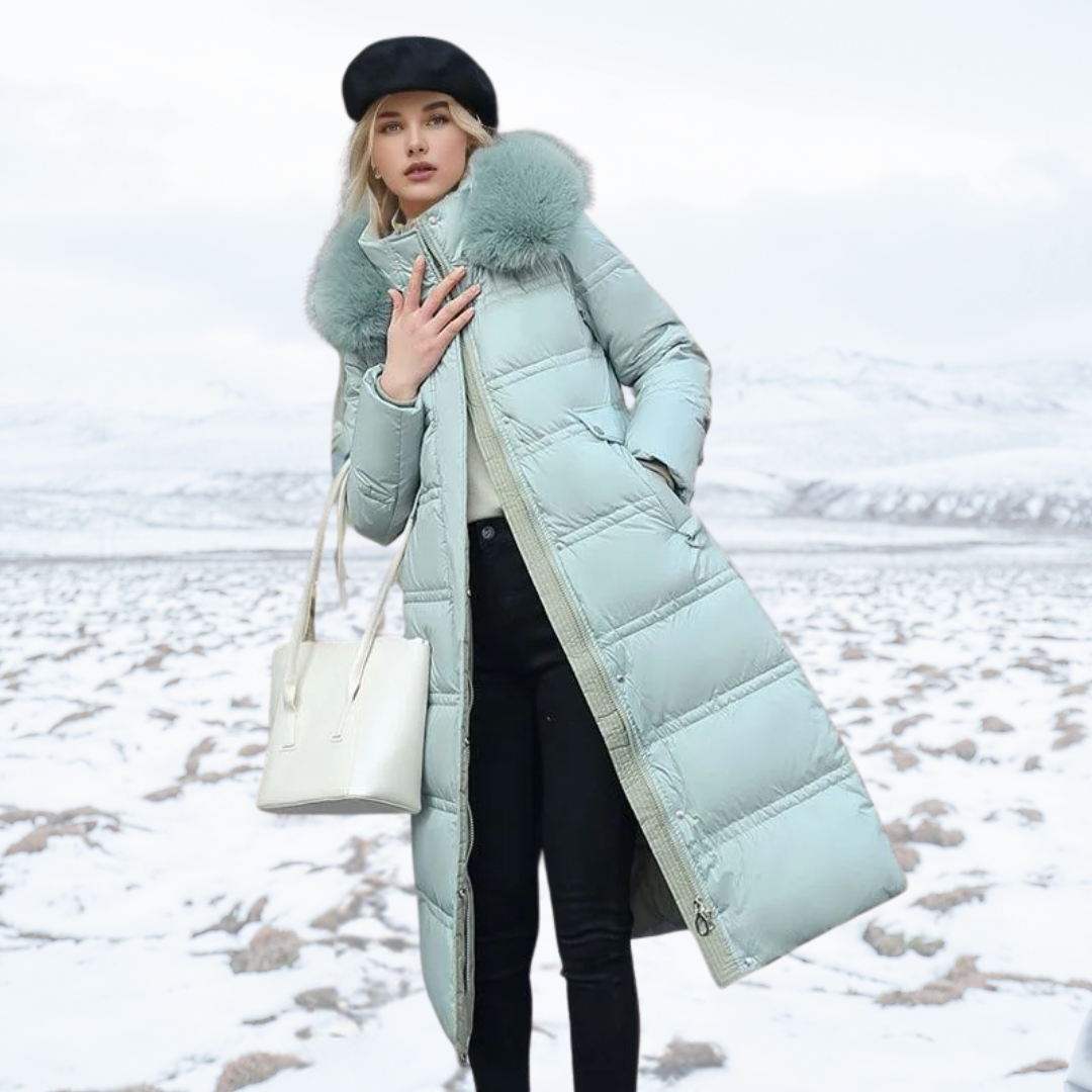 Fatiha - Elegant Long Women's Winter Fur-Trim Coat for the Winter Months - Light Blue