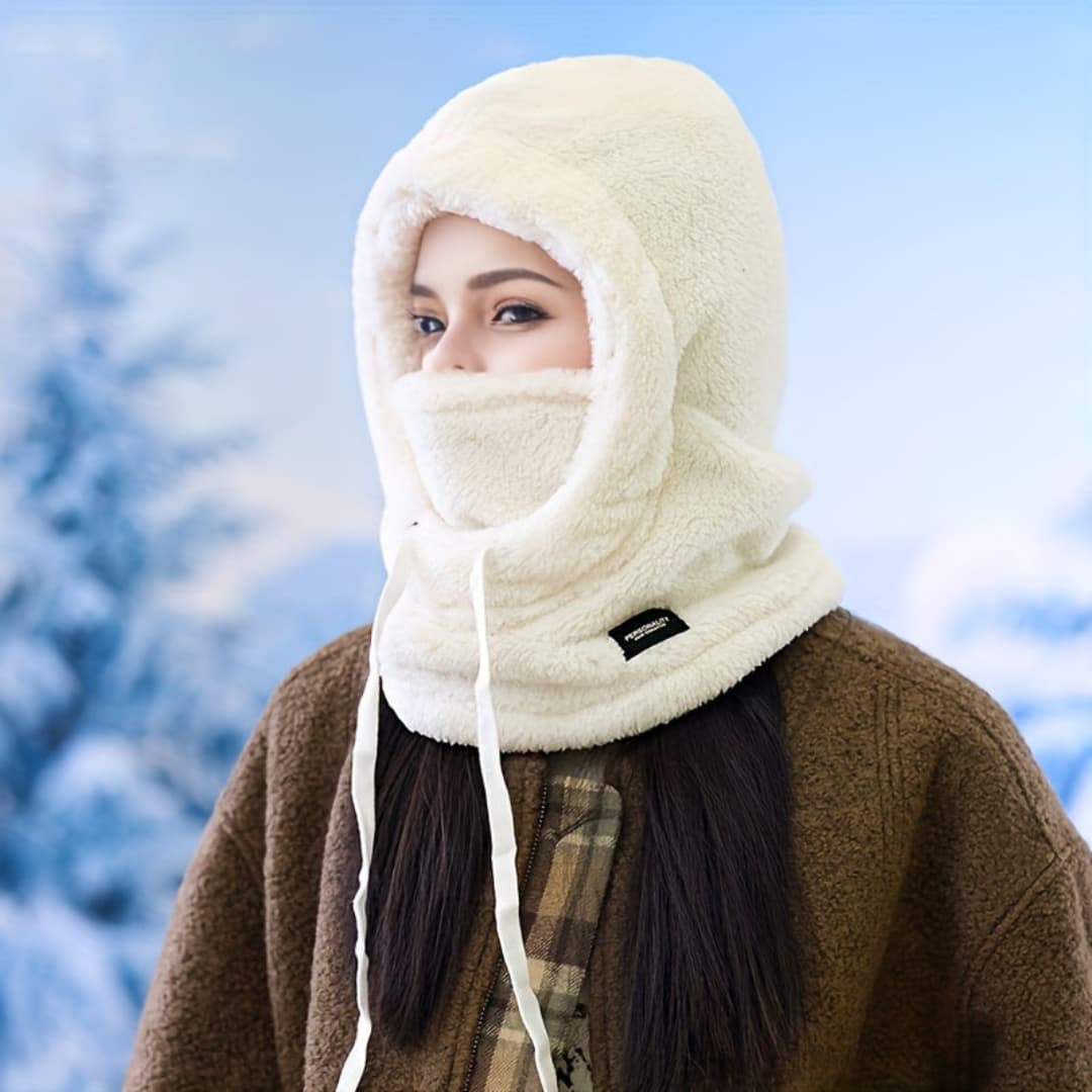 Winter Fleece-Lined Hooded Scarf for Women, Windproof and Ear Protection