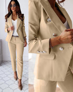 Women's Two-Piece Autumn Suit with Double-Breasted Blazer and Straight-Cut Trousers - Beige