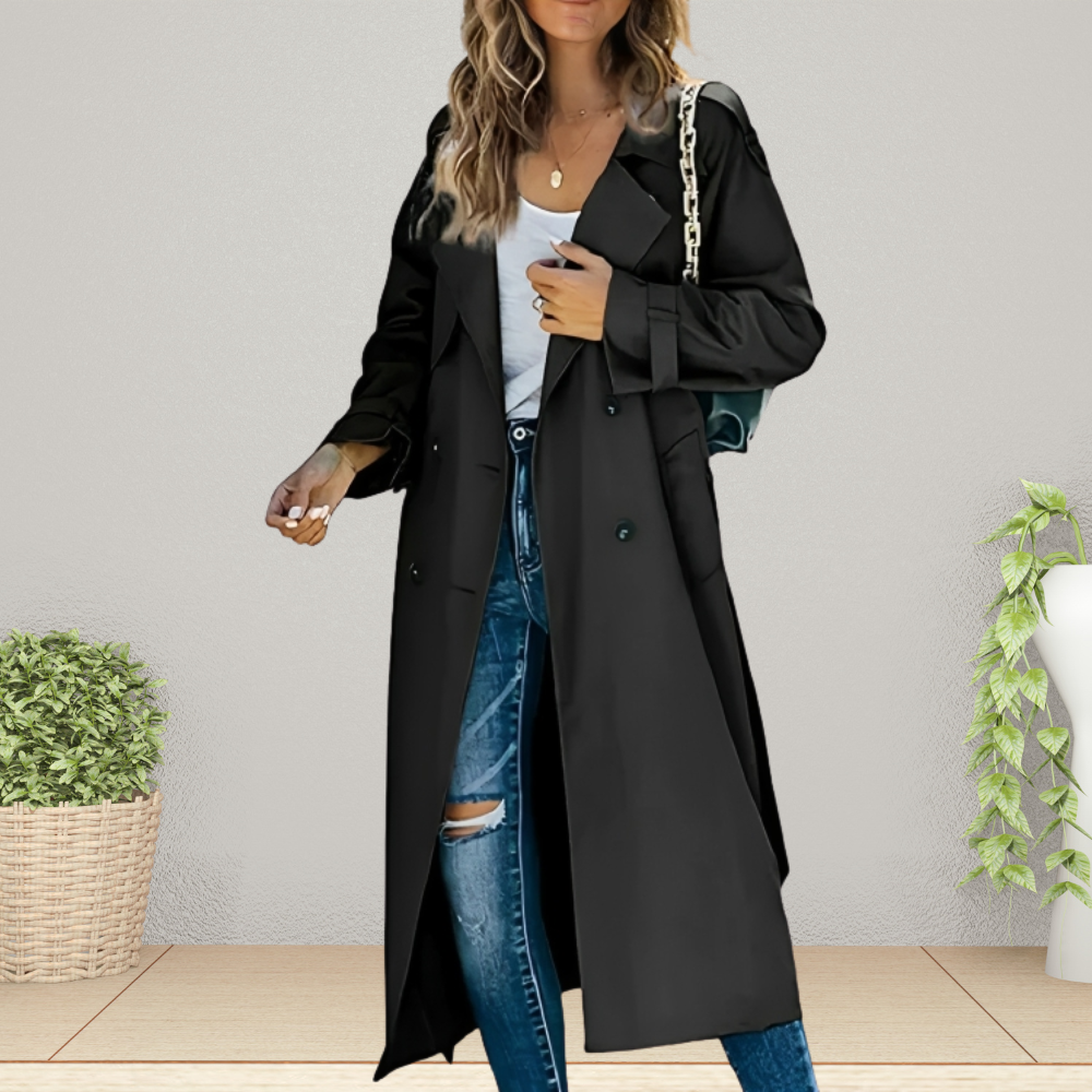 Women's Spring Trench Coat, Double-Breasted, Mid-Length - Black