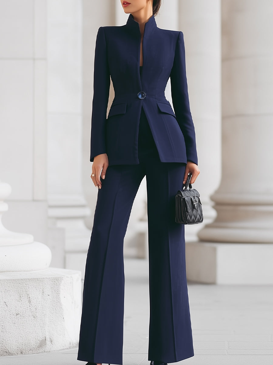 Women's Two-Piece Set, Tailored Blazer and Straight Pants - Navy