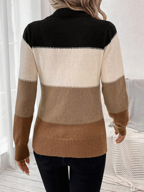 Suéter de cuello alto con bloques de color | Jersey de punto suave para otoño e invierno