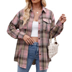 Relaxed-Fit Plaid Shirt with Pockets for Autumn - Light Pink