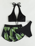 Women's Bikini Set with Matching Shorts and Quick-Dry Fabric for Summer - Light Green