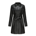 Elegant long leather Women's coat with belt and lapels