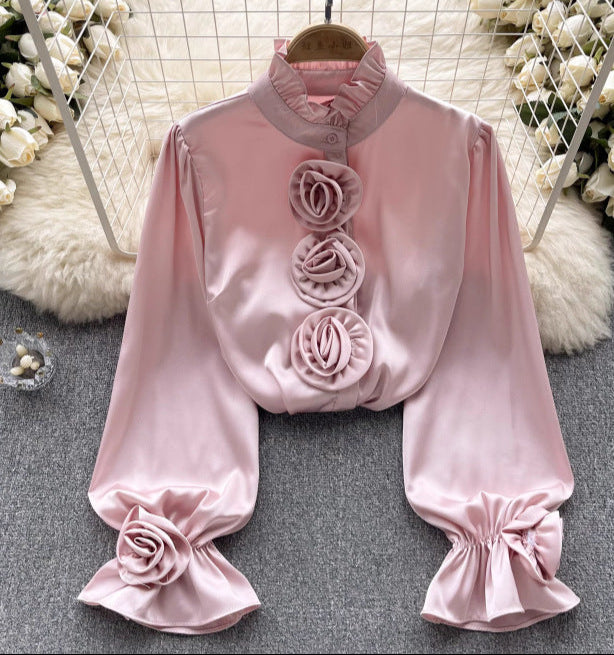 Lightweight Autumn Long-Sleeve Shirt with Floral Print - Pink