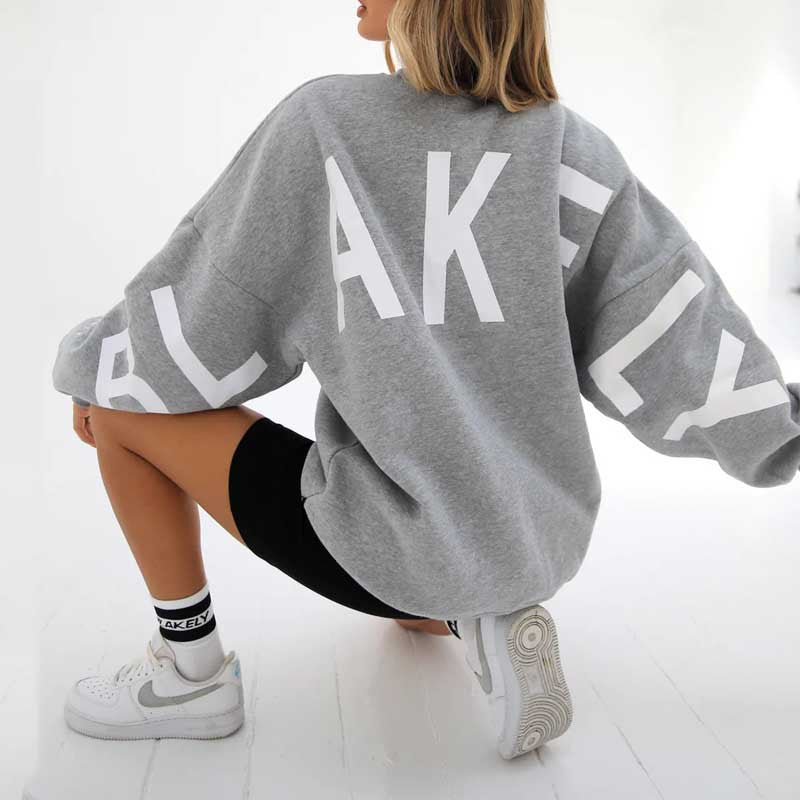 Women's Autumn Sweatshirt with Relaxed Fit, Long Sleeves and Ribbed Hem - Gray