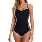 Elegant Tummy Control One-Piece - Black With Leopard Print