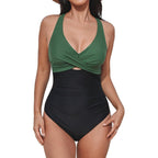 Elegant Cross Wrap V-Neck Swimsuit - Brown\/Geo