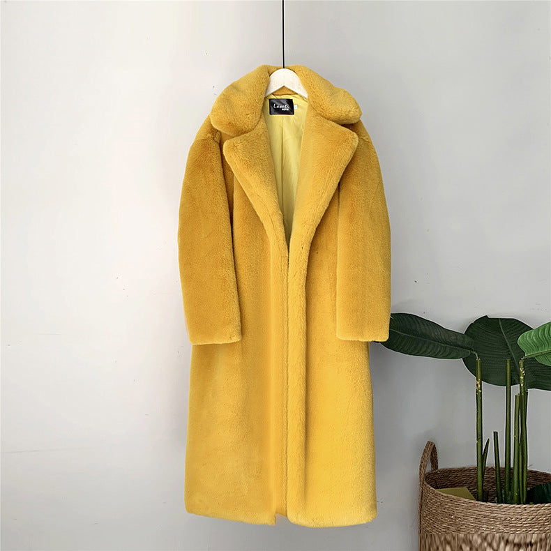 Long Faux Fur Coat in Premium Material – Knee-Length, Straight Silhouette, Ultra-Soft and Winter-Warm - Yellow