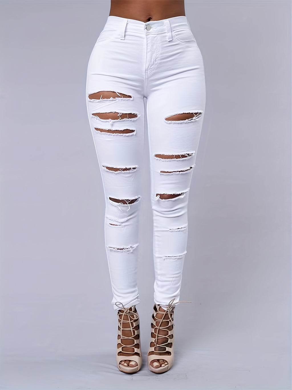 Gerissene High-Stretch Distressed Jeans, Reißverschluss-Knopfverschluss, einfarbige Slim Fit Denim Hose, Damen Jeans & Kleidung