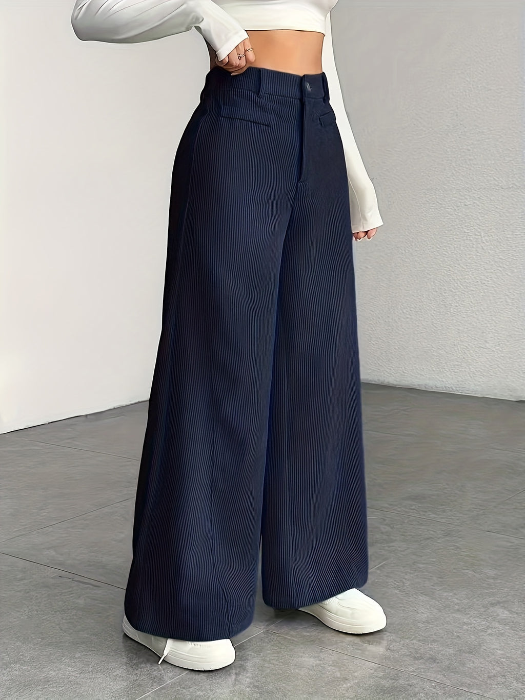 Damen High Waist Cordhose mit weitem Bein, Freizeithose, waschbare Hose