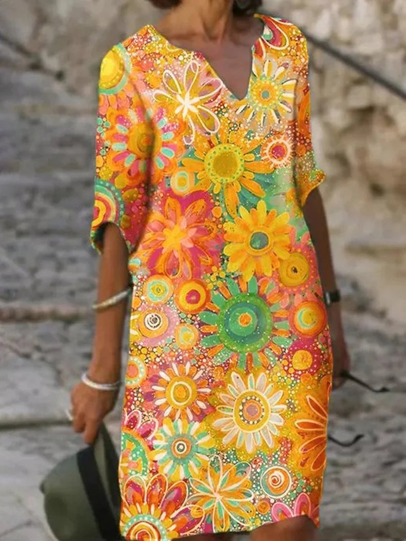 V-Neck Floral Dress with Short Sleeves for Women | Perfect for Warm Days - Yellow