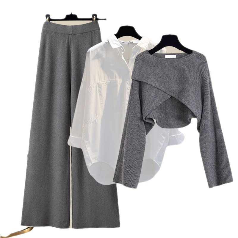 Conjunto de 3 piezas para mujer | Pantalones de pierna ancha con camisa y top