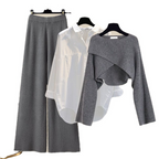 Conjunto de 3 piezas para mujer | Pantalones de pierna ancha con camisa y top