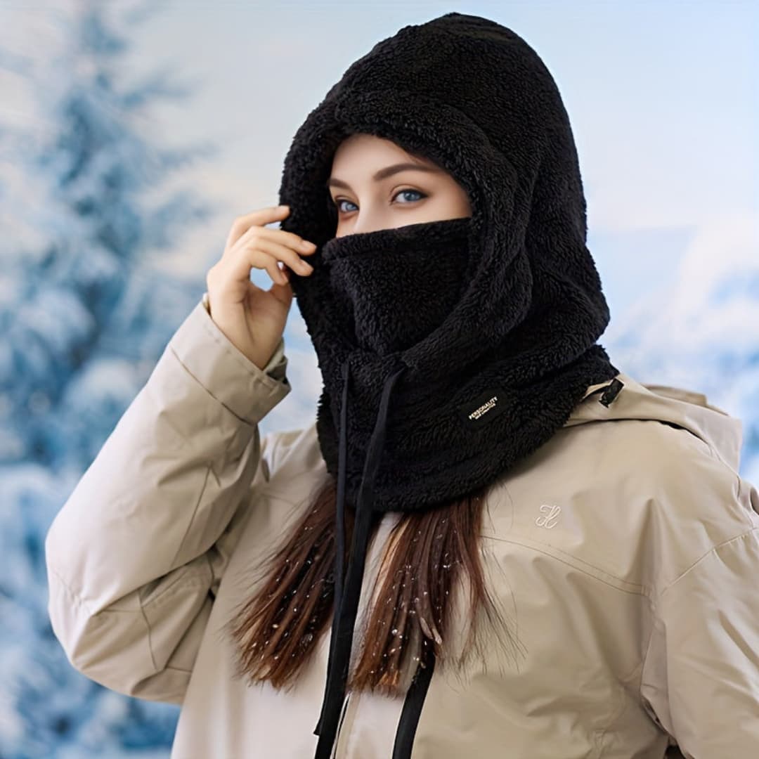 Winter Fleece-Lined Hooded Scarf for Women, Windproof and Ear Protection