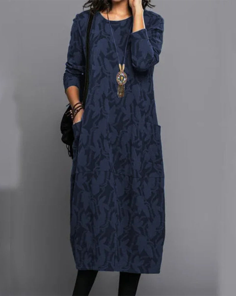 Long Sleeved Pocket Dress with Print | Floral Midi Dress